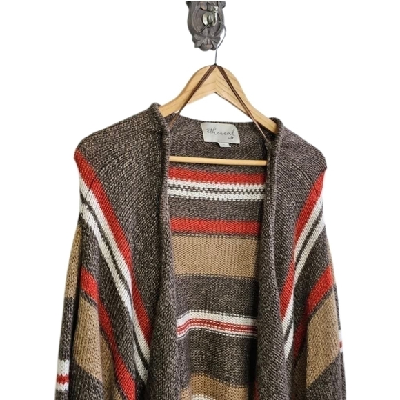 Boho stripe knit fringe open cardigan wool blend size oversized medium - Picture 2 of 9